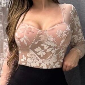 Corset Style Bodysuit Blush Pink Floral Sheer Mesh Romantic S/M/L NEW